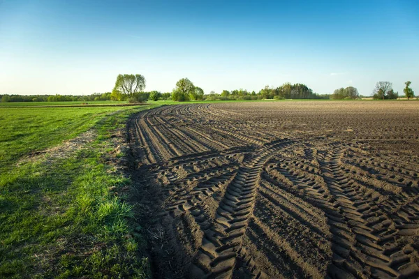 Traces of tractor wheels in a plowed field — 스톡 사진
