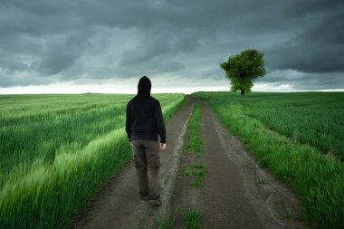 Toprak yolda yürüyen adam, tahıllı yeşil tarla, ağaç ve kara yağmurlu bulutlar