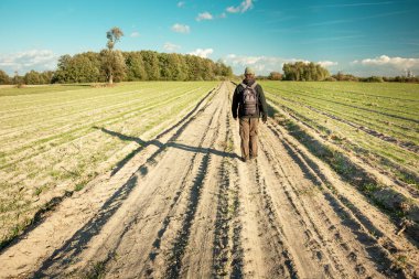 Bir adam toprak bir yolda yürüyor tarlaların arasında, ufukta ve mavi gökyüzünde, güneşli bir günde