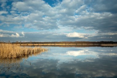 Gölün sakin yüzeyinde yansıyan bulutlar, güneşli bir bahar günü