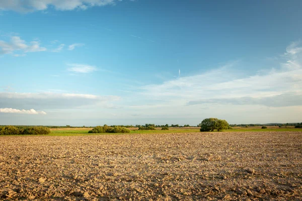 Ploughed field, horizon and clouds on blue sky, view in summer day
