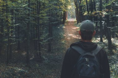 Karanlık bir ormanda aydınlık bir yola bakan bir adam, sonbahar günü manzarası, arka plandaki fotoğrafın keskinliği.