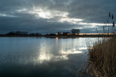 Sazlıklarla dolu sessiz bir göl üzerinde bulutlu bir akşam gökyüzü, sonbahar manzarası