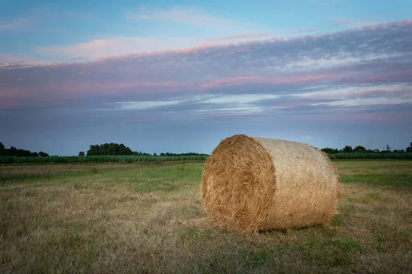 One Hay Bale Meadow Evening Clouds Summer View — Stock Photo, Image