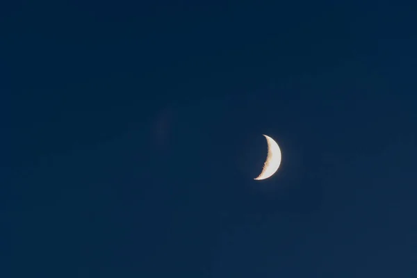 Light moon sickle on dark blue sky, october evening view