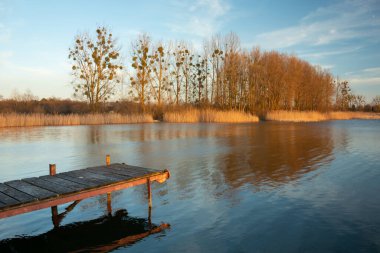 Rıhtımda kalaslar göle, ağaçlar ve mavi gökyüzüne doğru