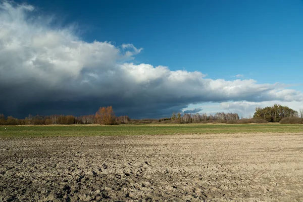 Zieht Eine Gewitterwolke Über Das Feld Blick Auf Den Frühling — Stockfoto