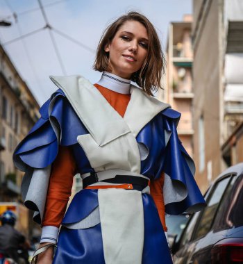 MILAN, Italy- September 19 2018: Landiana Cerciu on the street during the Milan Fashion Week. clipart