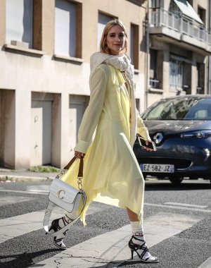 PARIS, France- September 27 2018: Charlotte Groeneveld on the street during the Paris Fashion Week. clipart