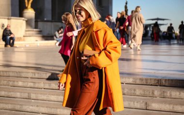 PARIS, France- September 26 2018: Xenia Van Der Woodsen on the street during the Paris Fashion Week. clipart