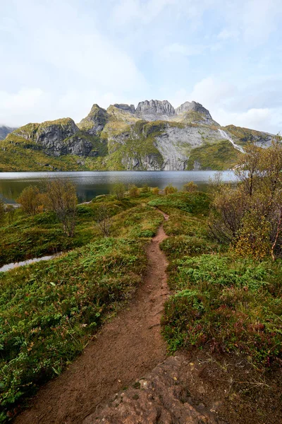 Szlak Prowadzi Góry Piękne Jezioro Lofotach Norway Szlak Turystyczny Położony — Zdjęcie stockowe