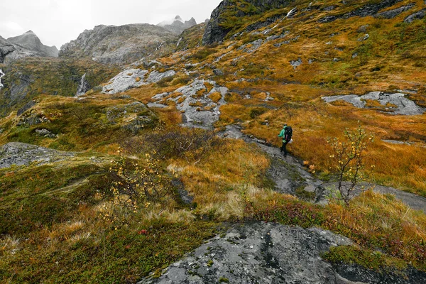 在挪威洛福滕山区 一个带着背包的年轻人在一条岩石小道上徒步 徒步者正走在通往山顶的小路上 这是摩斯凯尼索伊的一个雨天 前景中有巨大的石头和岩石 — 图库照片