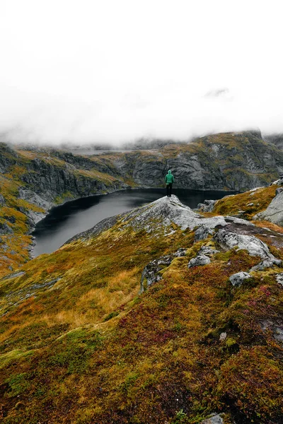 Genç Adam Ünlü Uçurumun Kenarında Ayakta Bir Vadi Göl Lofoten — Stok fotoğraf