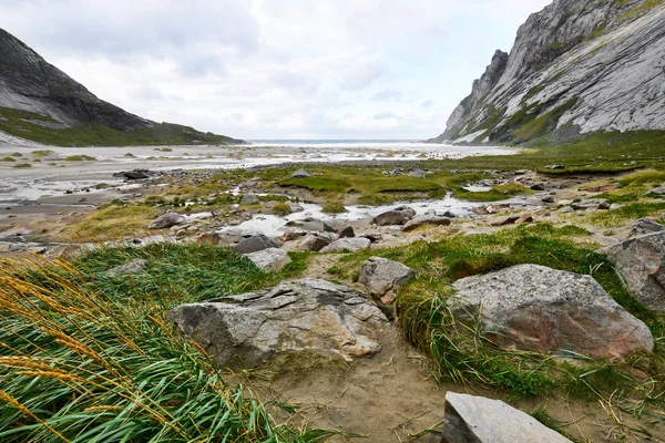 Schöne Aussicht Auf Bunes Strand Und Das Meer Moskenesoya Einem — Stockfoto