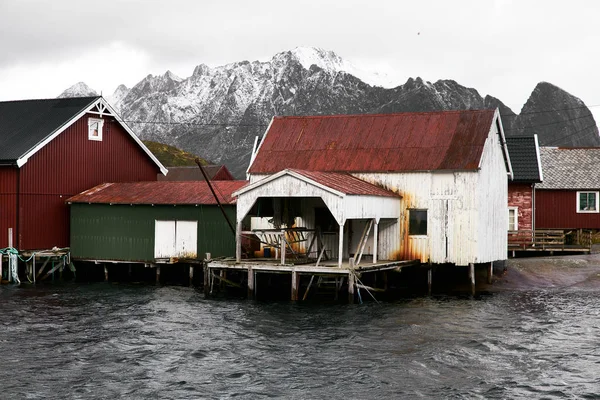 Arka planda karla kaplı dağlar ile Norveç Lofoten Adaları Vinstad kıyısında Uzak tekne evi.