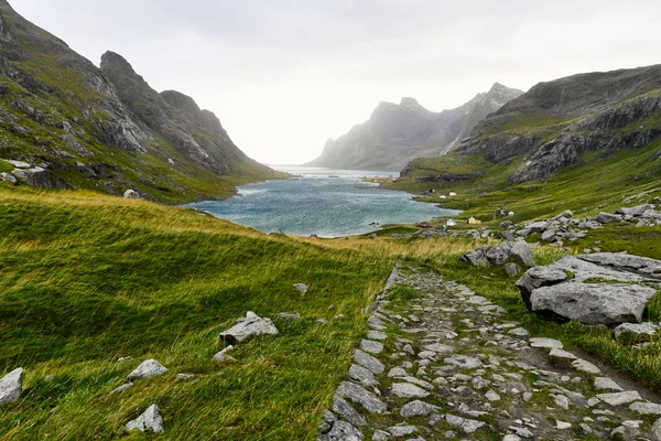 산으로 둘러싸인 아름다운 만으로 이어지는 하이킹 트레일과 노르웨이 로포텐 제도의 — 스톡 사진