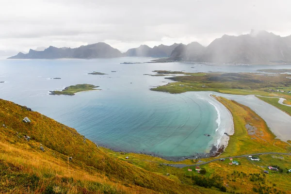 Krajobraz Piękna Plaża Latem Lofoten Islands Norwegii — Zdjęcie stockowe