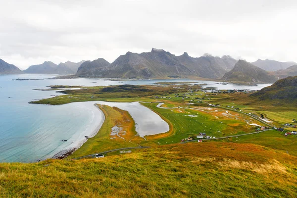 Krajobraz Piękna Plaża Latem Lofoten Islands Norwegii — Zdjęcie stockowe