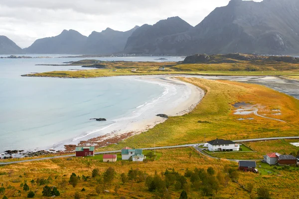 Krajobraz Piękna Plaża Latem Lofoten Islands Norwegii — Zdjęcie stockowe