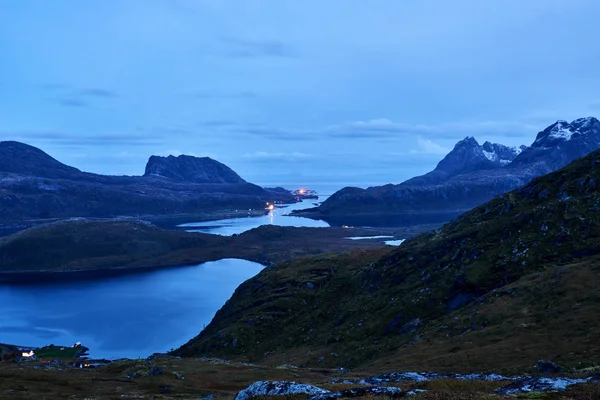 Paisaje Lofoten Durante Noche Con Cielo Azul Cerca Fredvang —  Fotos de Stock