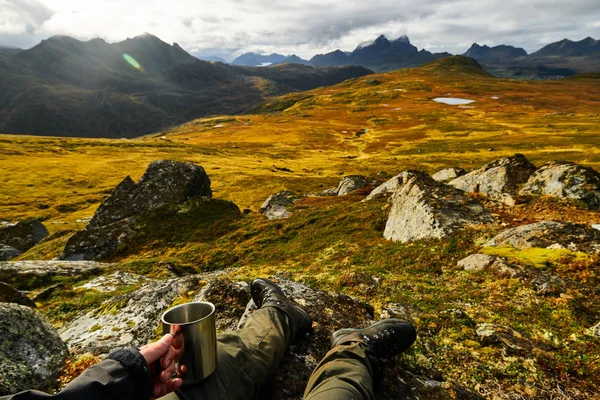 Lofoten Adaları arka planda altın manzaralar ile bir fincan kahve tutan adam