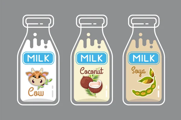 İnek, Hindistan cevizi, soya sütü, vektör çizim