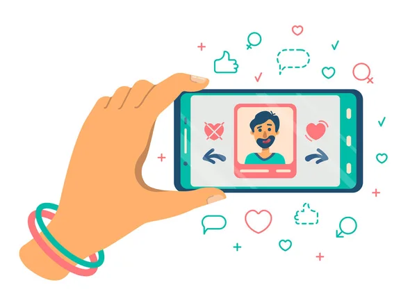 Online dating, el ile telefon, illüstrasyon vektör