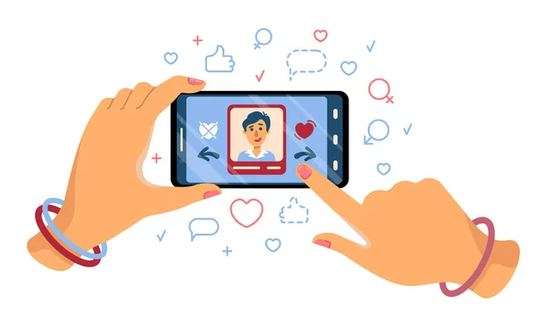 Dating uygulaması, telefon ile eller, ilk bakışta aşk, vektör illüstrasyon
