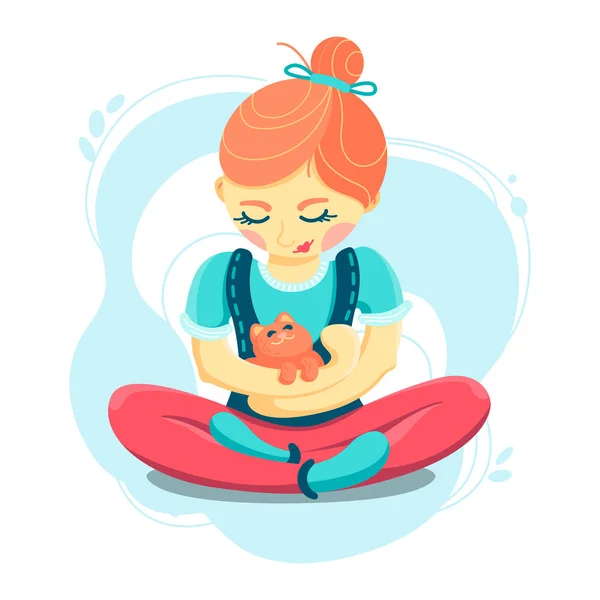 Bir kedi, yoga, vektör illüstrasyon, düz ile bir kız görüntü