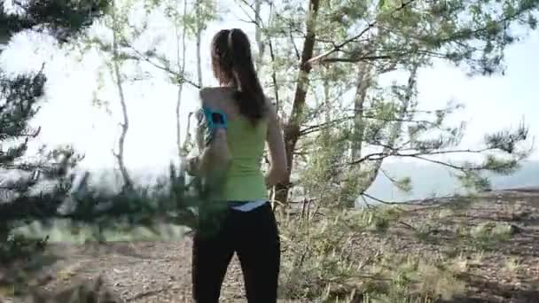 后视图。山风景。白种人跑步的女孩。早上在山上的森林里慢跑。运动奔跑 — 图库视频影像