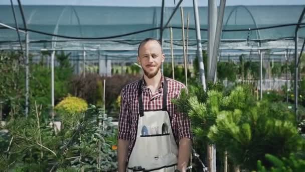 Jízda na fotoaparát. Vousatý zahradník podívá a usměje se na kameru. Slunečný den v zemědělských skleníkových. Portrét muže, který pracuje v zahradě. — Stock video