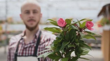 Portre genç bir çiçek onun elinde tutan tarım sektöründe bir erkek işçi