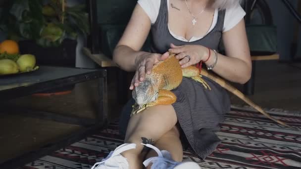 Sanden ödla på en kvinnlig hand. En blond kvinna smeka hennes hem iguana ödlan, flicka leenden och ser på kameran. — Stockvideo