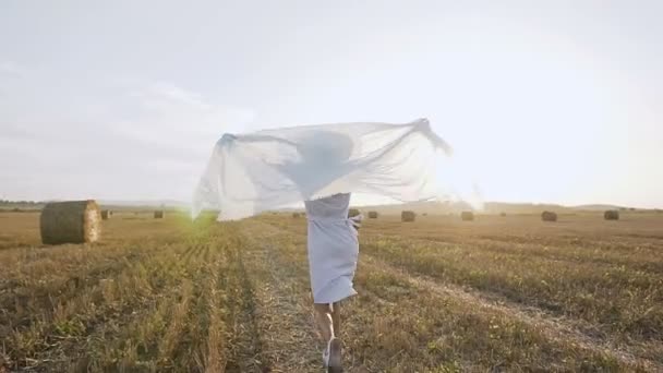 Vue de derrière. Belle fille en robe avec écharpe en mousseline de soie courant autour du champ au coucher du soleil et levant les mains - à l'heure d'été. Jeune fille courant sur le terrain avec une écharpe bleue — Video