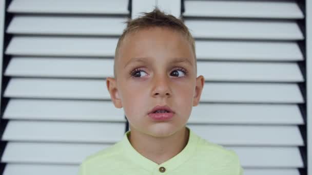 Retrato de um menino adolescente bonito com olhos escuros é um piscar de olhos na câmera. Garotinho caucasiano pisca, sobre fundo branco. Menino vestindo camiseta — Vídeo de Stock