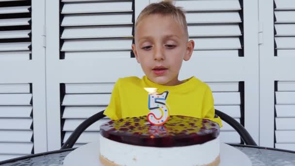 Ganska liten pojke gör en önskan för en födelsedag och blåser ett ljus på tårtan på dagen för sin födelse i inomhus på vit bakgrund. Birthsday part — Stockvideo