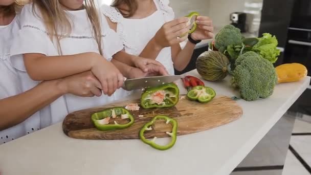 Primer plano disparó las manos de la mujer y su hija usando cuchillo de cocina aprendiendo a cortar el vegetal de pimienta verde preparando una comida en casa en la cocina. Mamá enseña a su hija a cortar el — Vídeo de stock