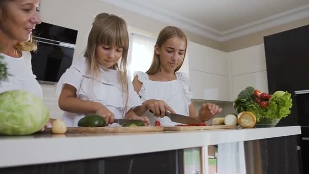 Mamá y sus dos hijas cocinan en la cocina: las adolescentes cortan pimientos rojos con chile y su hermana pequeña corta aguacate maduro para hacer una ensalada. Linda familia de mamá y dos chicas preparan ensalada vegetariana — Vídeos de Stock