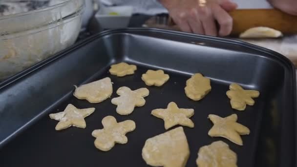 Ακατέργαστο σχήμα cookies με άχνη ζάχαρη στο ταψί. Γυναίκα κάνει τη ζύμη ψωμί με αλεύρι, ακατέργαστη cookie βάλετε σε ταψί. Ψήστε τα μπισκότα — Αρχείο Βίντεο
