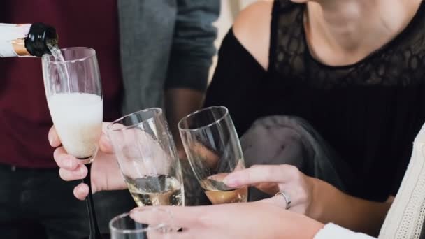 Grupp av blandad ras vänner firar nyår eller jul fest med champagne. Människor är innehav vinglas i vilken Häll vin. Begreppet jul firande, nyår och parterna — Stockvideo