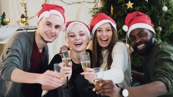 As pessoas de raça mista alegres se divertem segurando vinhedos com champanhe antes do Natal ou Ano Novo em casa perto da árvore de Natal. No Ano Novo um grupo de amigos em bonés de Papai Noel beber vinho em — Vídeo de Stock