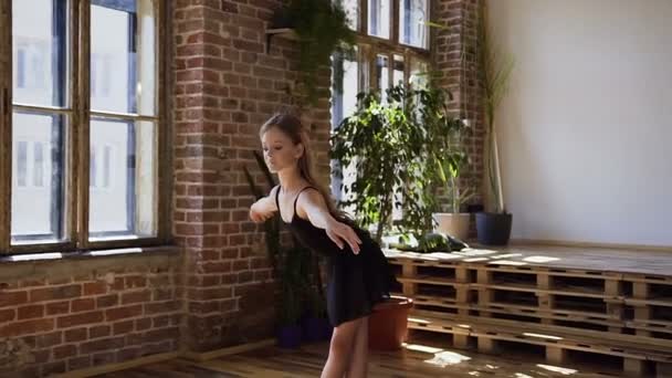 Очаровательная балерина изящно исполняет элемент классического балета в современной просторной балетной школе. Время обучения, поддержание баланса — стоковое видео
