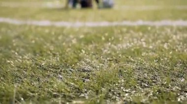 Genç spor çocuk siiting futbol topu ile futbol sahasına Dolly atış.
