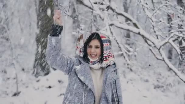 素敵な笑顔を持つフォレストの空気で雪を投げ休暇にブルネットの女性。かわいい女の子は、白いマフラーとニットのミトン、スタイリッシュなコートと赤を着用します。天気の良い日と降雪. — ストック動画