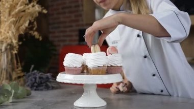 Genç şef macaroons kullanarak kek dekorasyon. Önlük üzerinde yazıt, model adı Nina Leus