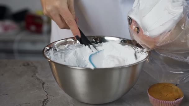Manos de pastelero poniendo crema agria en la bolsa de pastelería. Inscripción en delantal, nombre del modelo Nina Leus — Vídeo de stock