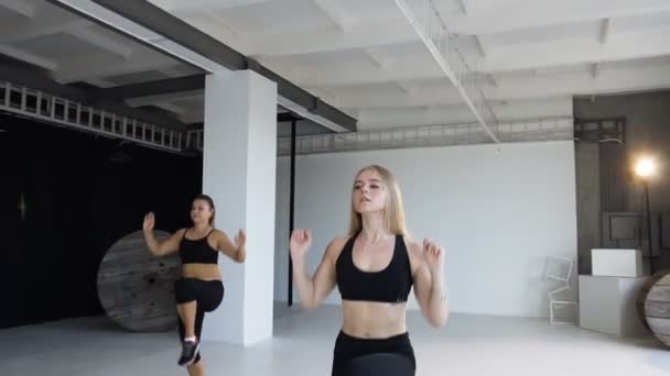 Desporto e estilo de vida saudável. Grupo de meninas atléticas em macacões pretos realizar aquecimento aeróbico passo no estúdio de fitness — Vídeo de Stock
