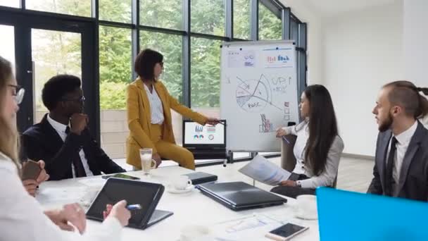Ung affärskvinna ger presentation till olika affärsmän vid möte presenterar nya projekt för kollegor, att erbjuda investerare, visar grafik på whiteboard och använder bärbar dator för — Stockvideo