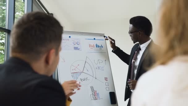 Close-up of male american-african businessman conducts presentation using whiteboard on which shows the graphs buying and selling company — Stock Video