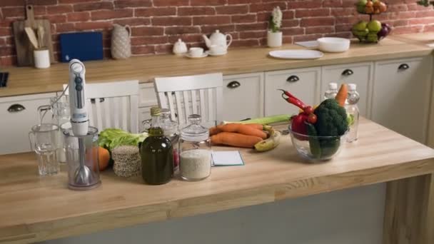 Close Shot Healthy Food Diferent Kitchen Appliances Light Wooden Table — Stock Video